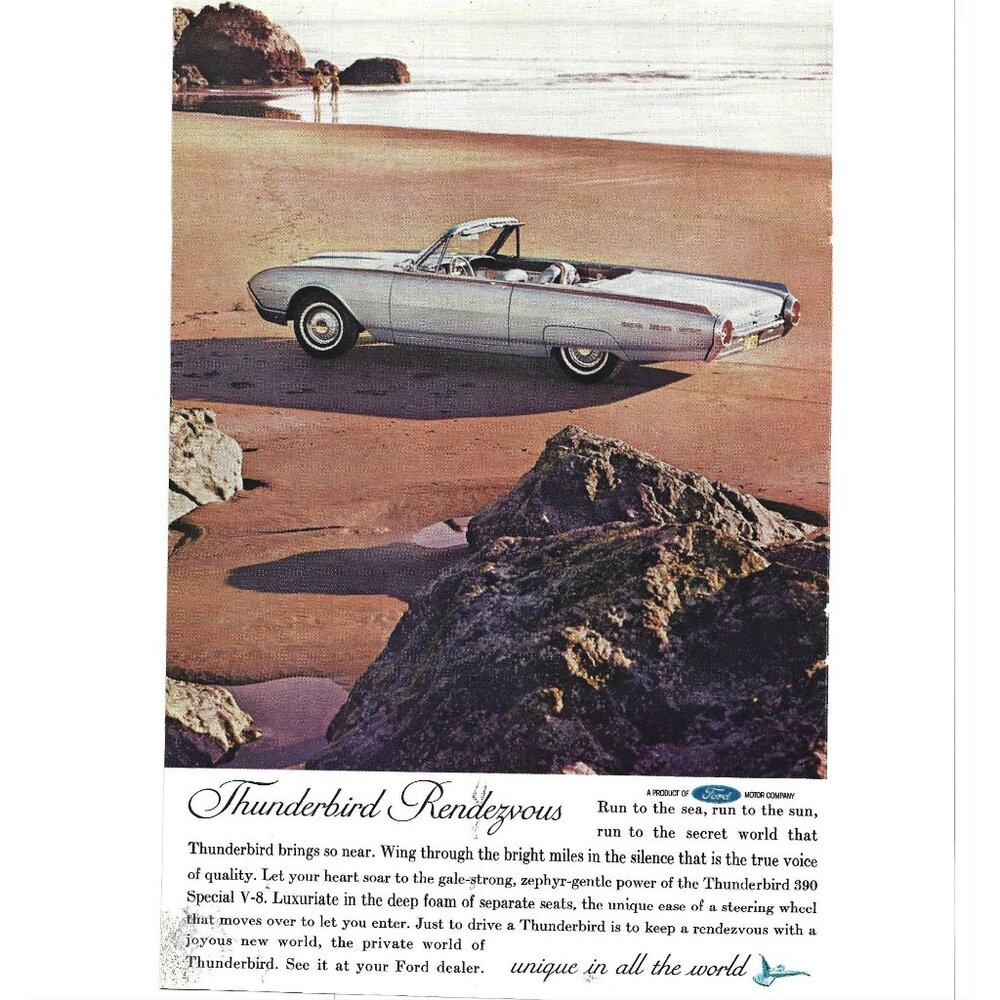 Thunderbird Rendezvous Ford Convertible Beach Advert 1960s Vintage Print Ad 9in